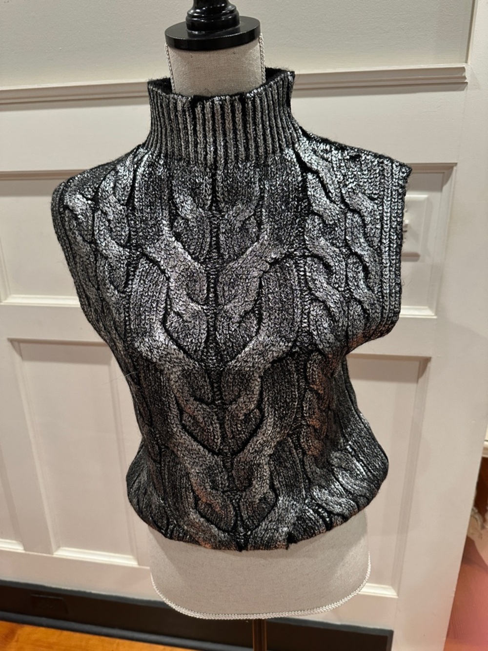 Pilcro Metallic Cable-Knit Mock Neck Sweater Vest in Black & Silver